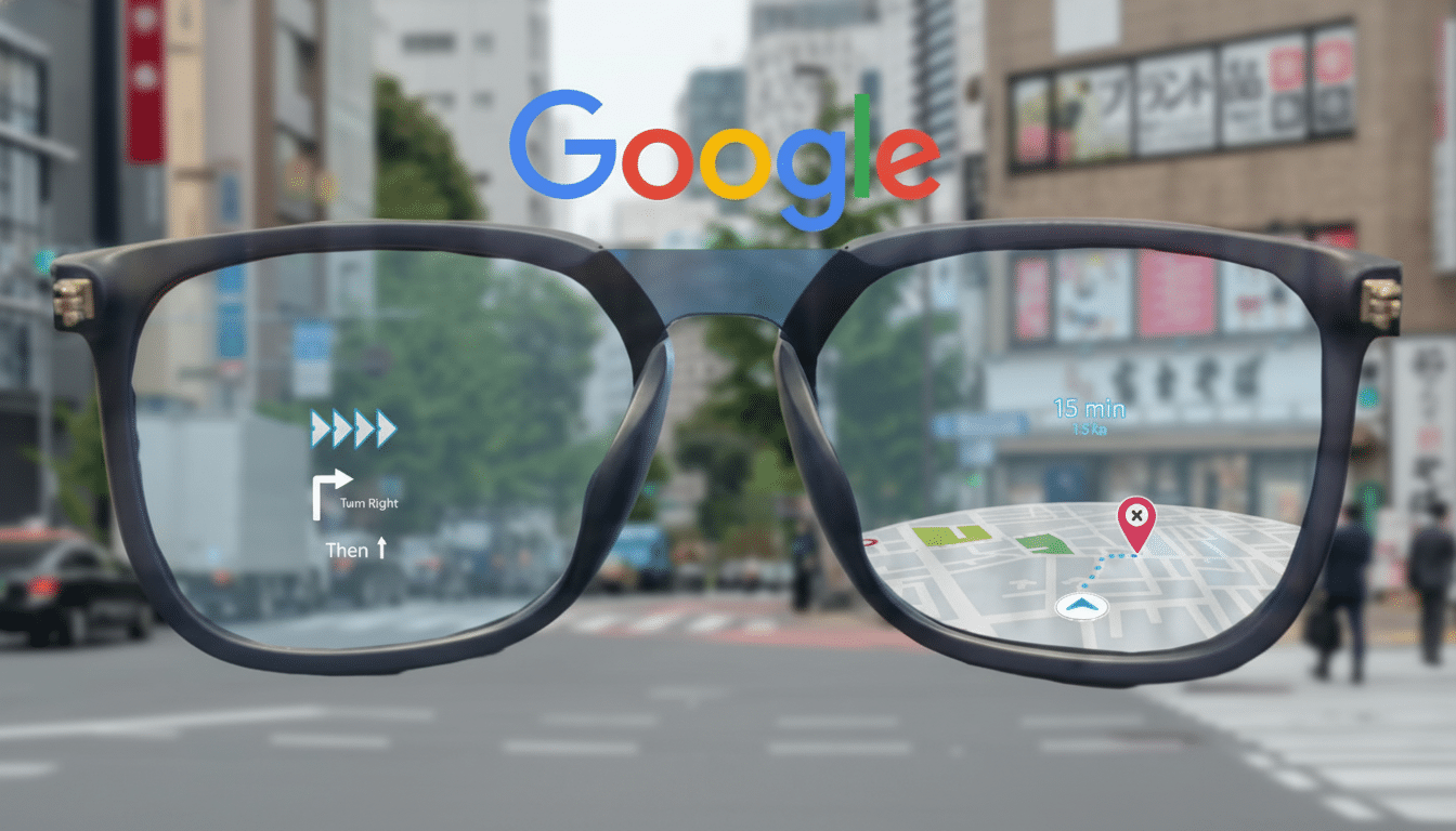 A pair of smart glasses with the Google logo above them, displaying navigation information and a map overlayed on a blurred city street background.