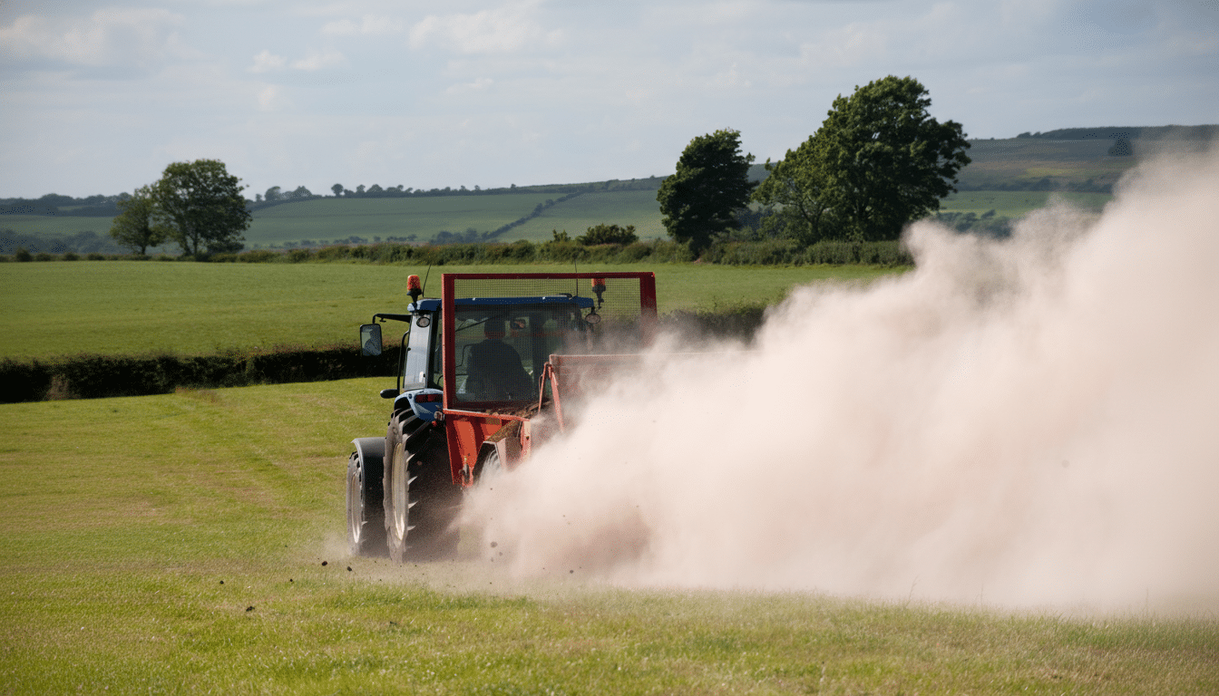 A blue and red tractor spreading fertilizer in a green field, creating a large cloud of dust behind it.