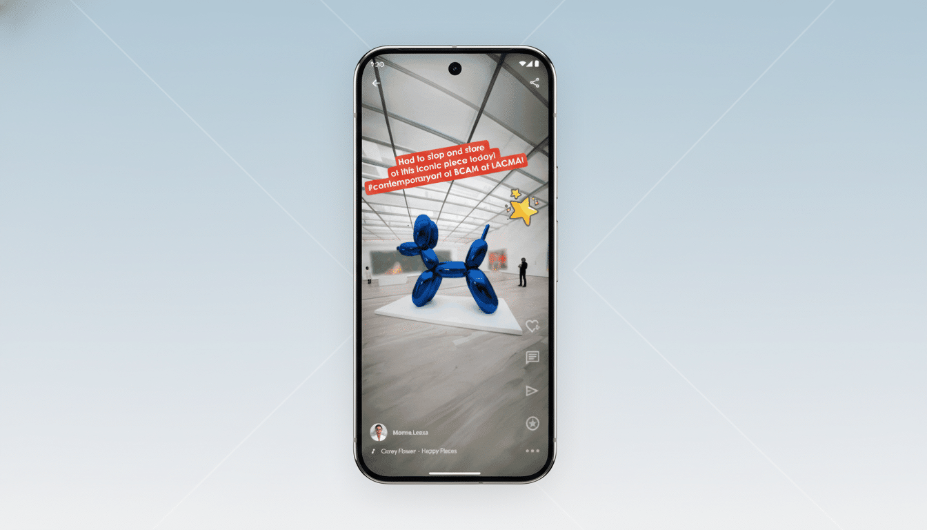 A smartphone displaying a social media post featuring a blue balloon dog sculpture in a museum, set against a professional flat design background with soft patterns.