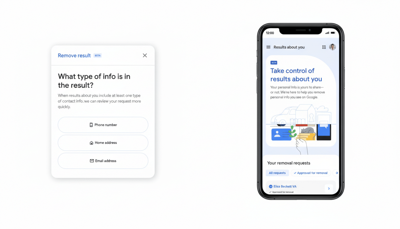 A 16:9 aspect ratio image showing two Google interface elements. On the left, a Remove result pop-up asks What type of info is in the result? with options for Phone number, Home address, and Email address. On the right, a smartphone displays a Results about you screen with the title Take control of results about you and a section for Your removal requests.