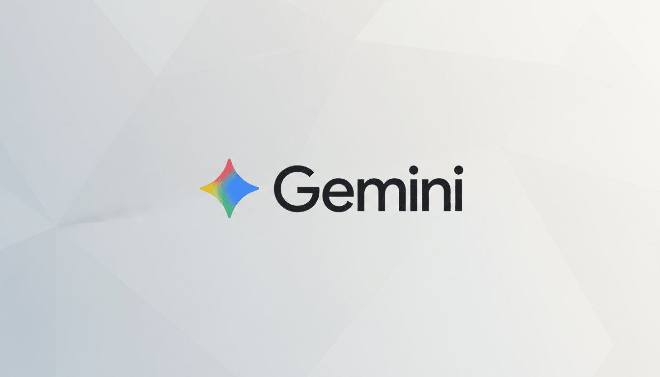 The Gemini logo, featuring a colorful, four-pointed star icon to the left of the word Gemini in black text, set against a professional flat design background with subtle geometric patterns and a soft gradient.
