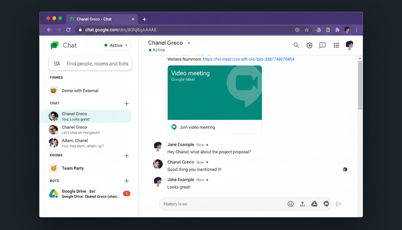 A screenshot of a Google Chat interface, resized to a 16:9 aspect ratio. The chat window displays a conversation with Chanel Greco and Jane Example, along with a Google Meet video meeting invitation. The original background is maintained.