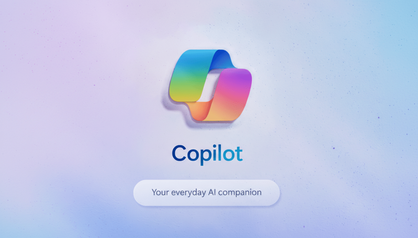 The Copilot logo, a colorful, flowing ribbon design, centered above the word Copilot in blue text, with the tagline Your everyday AI companion in a white rounded rectangle below, all set against a soft, light blue and purple gradient background.