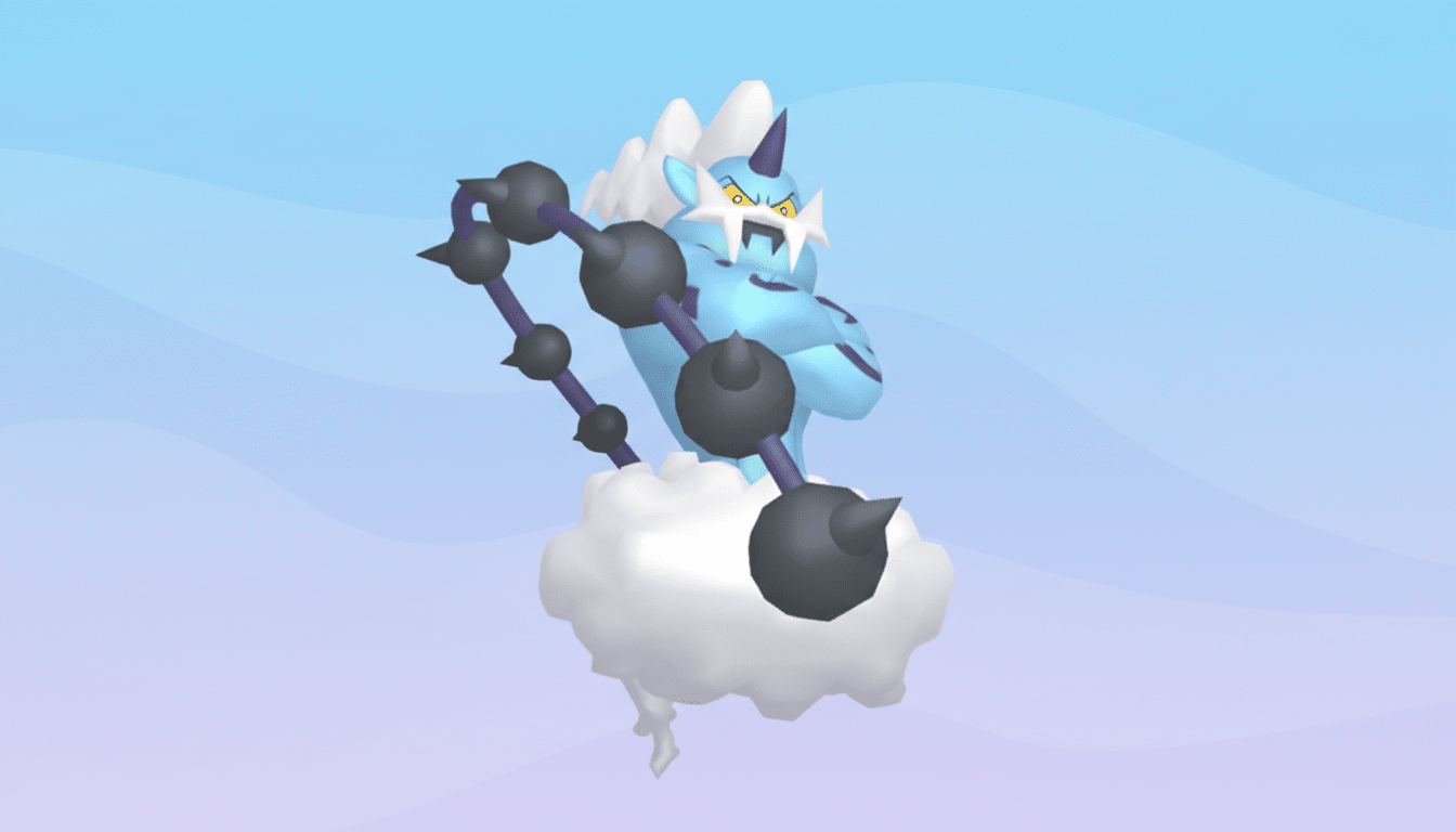 A blue, horned creature with white hair and a white cloud base, holding a spiked staff, set against a soft blue and purple gradient background.