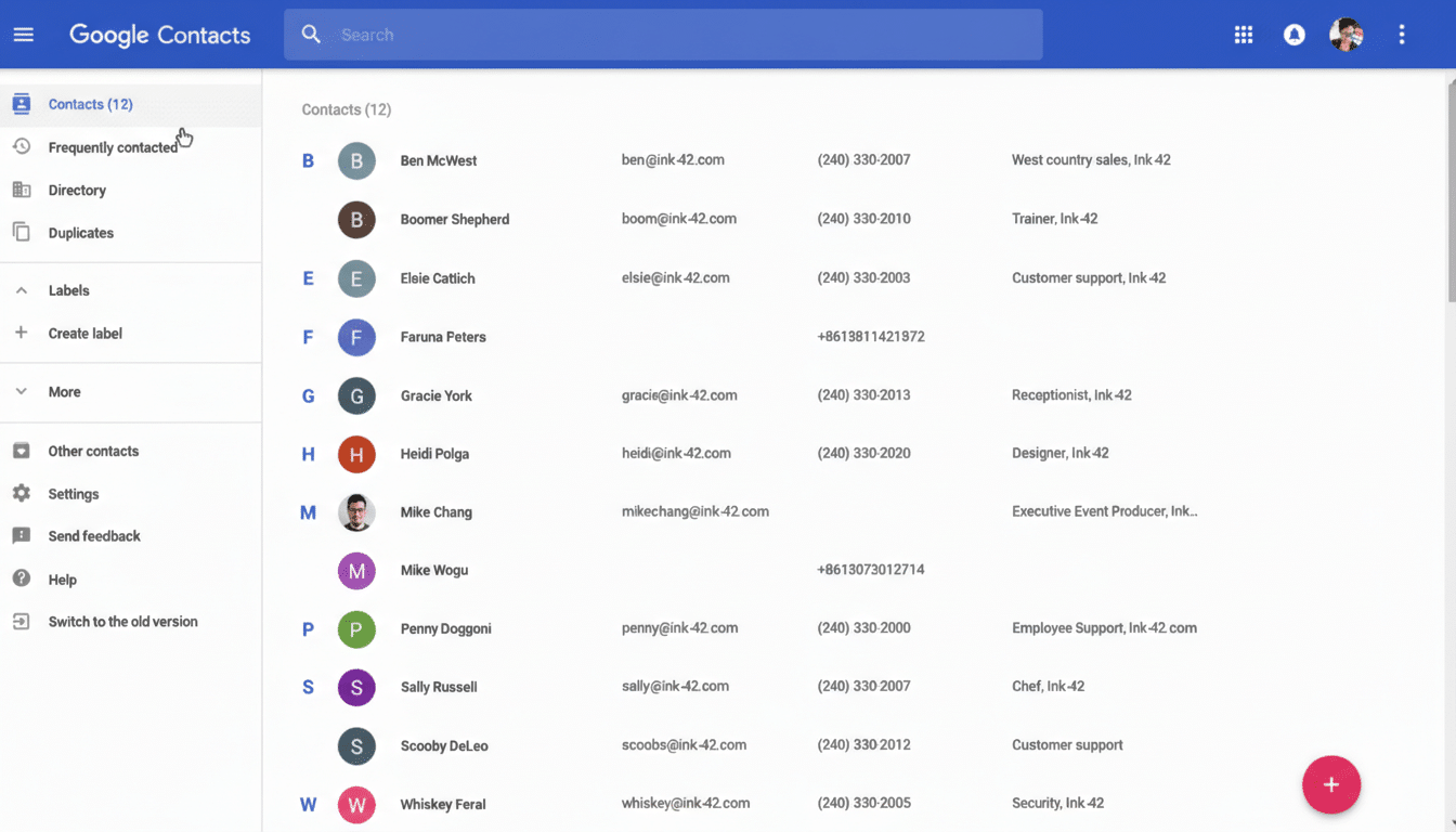 A screenshot of the Google Contacts interface, displaying a list of contacts with names, email addresses, and phone numbers.
