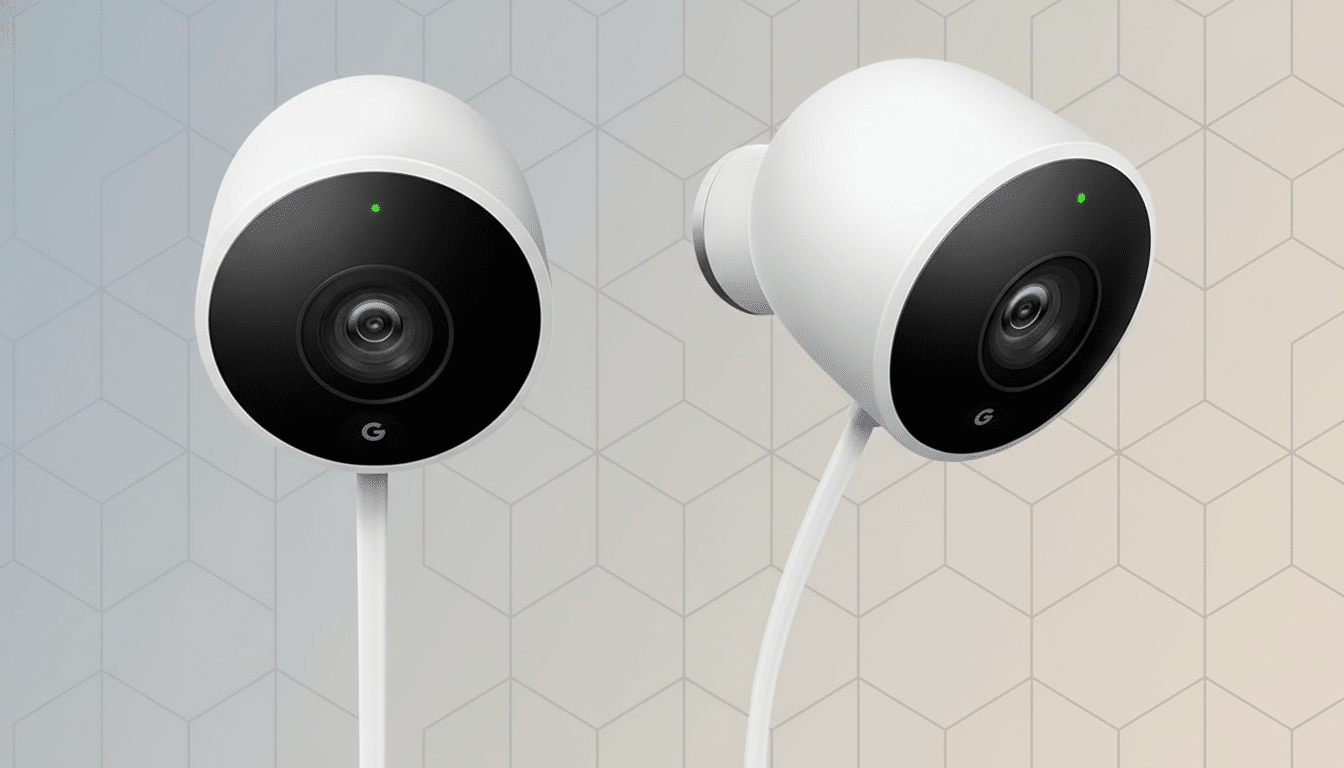 Two white Google Nest Cam (wired) devices are shown against a professional flat design background with soft patterns and gradients. The camera on the left faces forward, while the camera on the right is angled slightly to the right. Both cameras have a black face with a lens and a green indicator light.