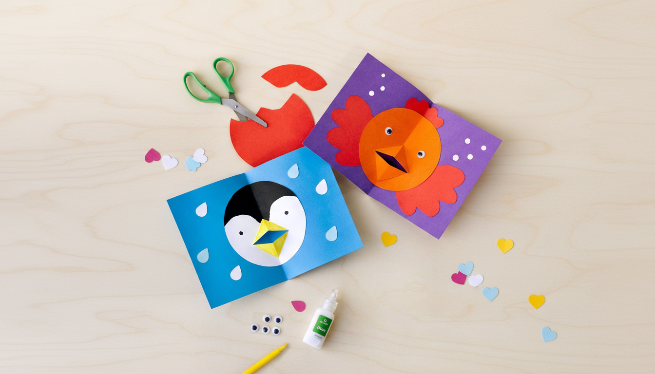 A flat lay of two colorful paper craft cards, one depicting a penguin and the other a chicken, surrounded by crafting supplies like scissors, glue, googly eyes, and small paper cutouts, all on a light wooden surface.