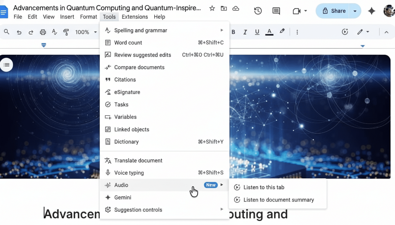 A screenshot of Google Docs with the Tools menu open, highlighting the new Audio feature.