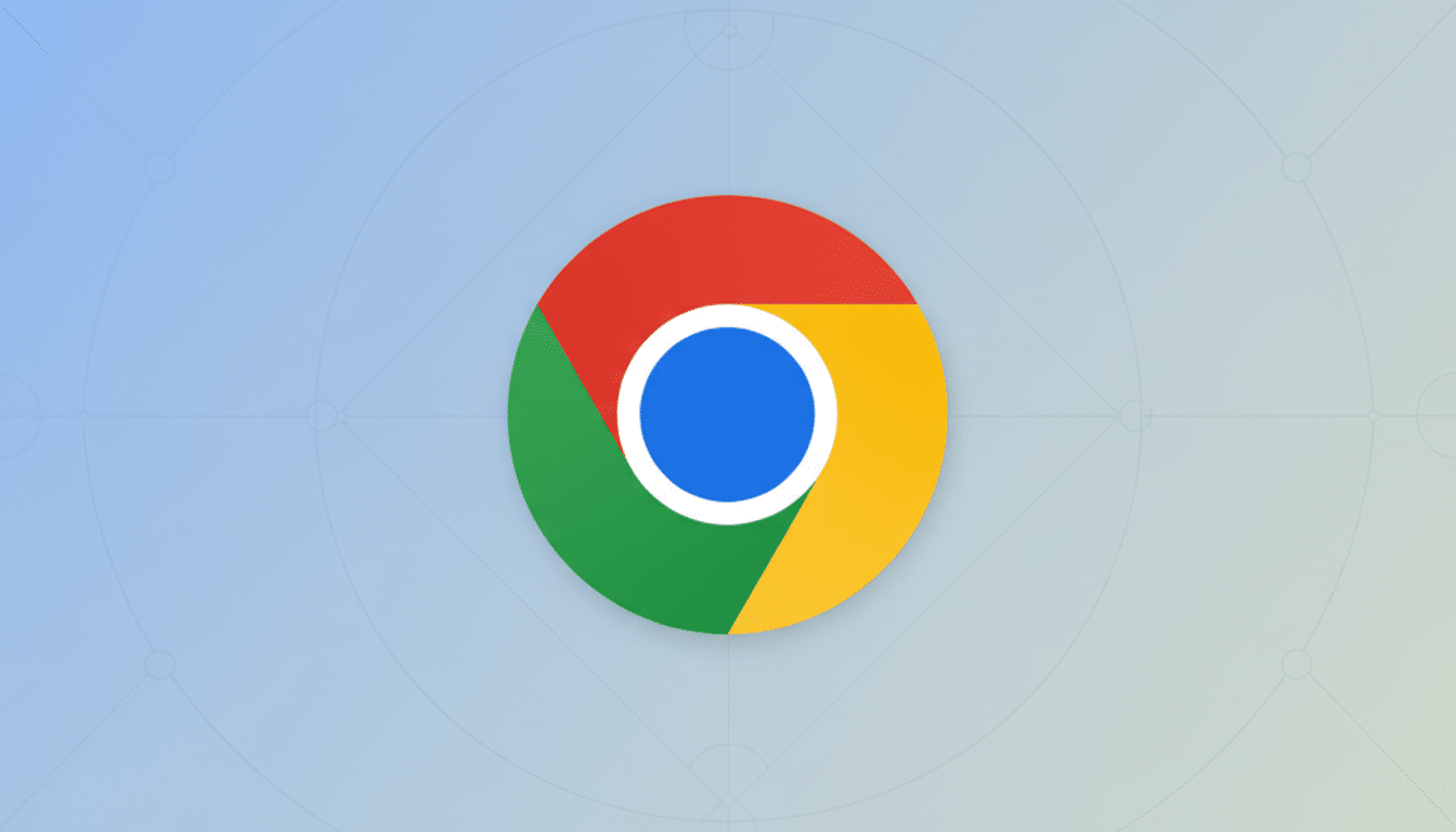 The Google Chrome logo, a red, yellow, and green circle with a blue center, on a professional light blue gradient background with subtle geometric patterns.