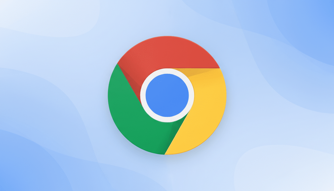 The Google Chrome logo, a red, yellow, and green circle with a blue center, set against a light blue background with subtle, wavy patterns.