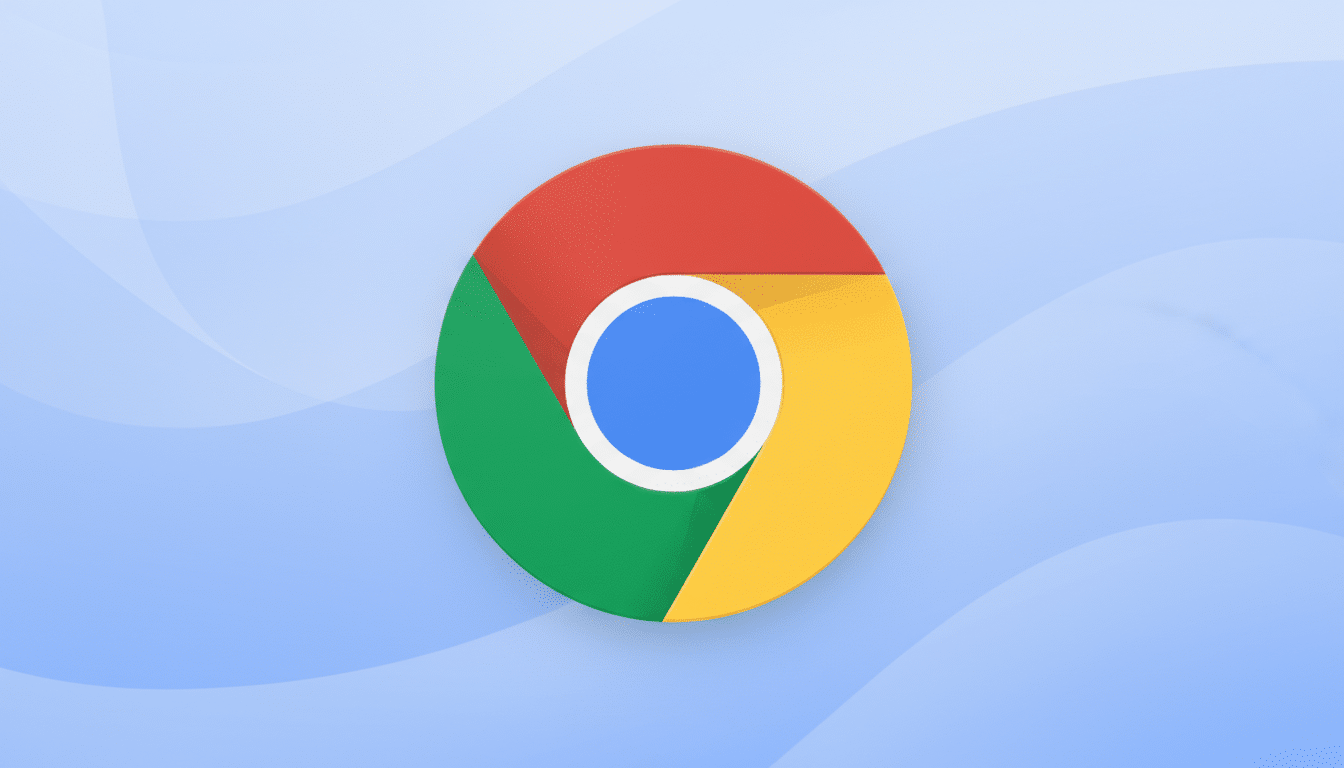 The Google Chrome logo, a red, yellow, and green circle with a blue center, set against a professional light blue background with subtle wave patterns.