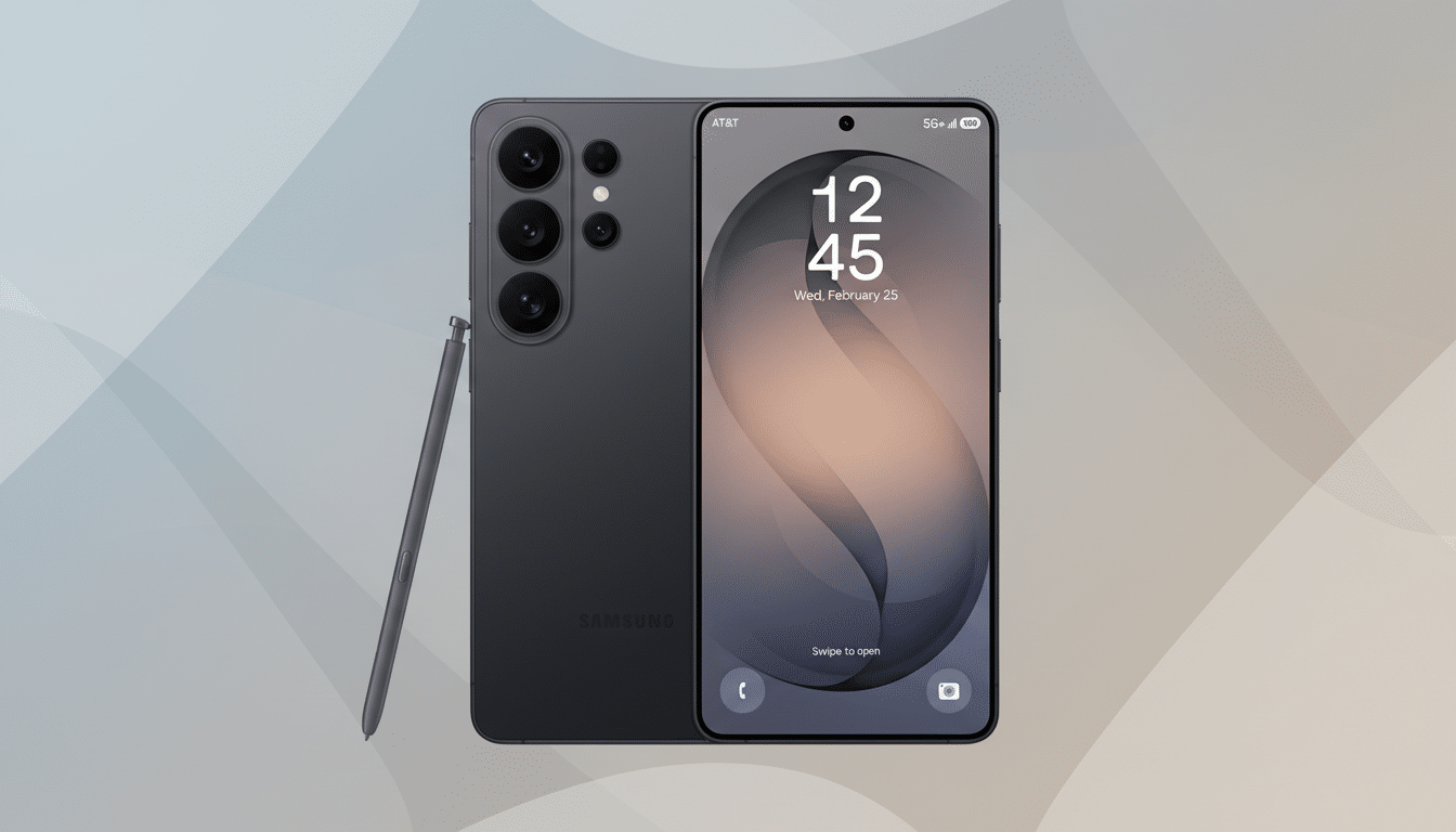 A dark gray smartphone with a stylus, presented at a 16:9 aspect ratio on a professional flat design background with soft patterns and gradients.