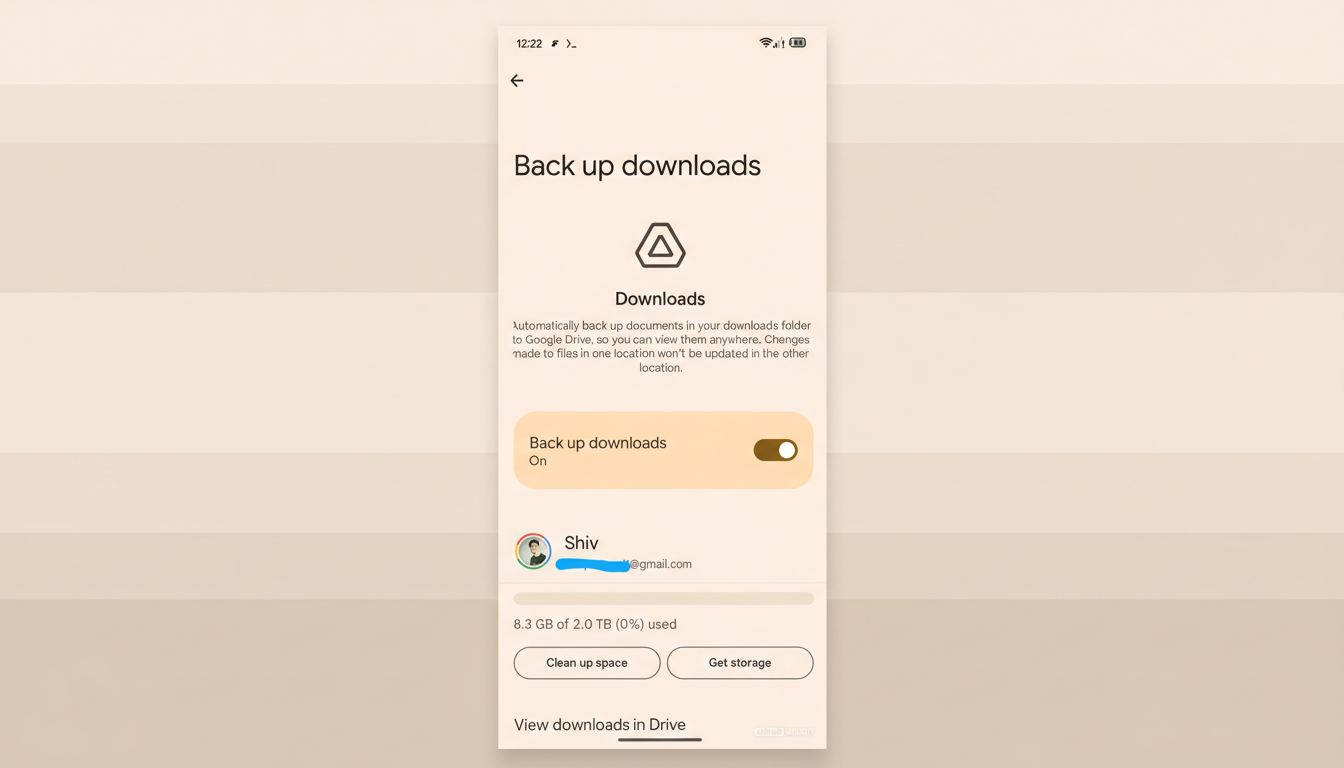 Android phone screen showing Google cloud backup for Downloads folder