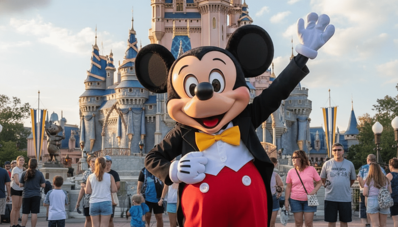 Mickey Mouse waving in front of Cinderella Castle at Walt Disney World.