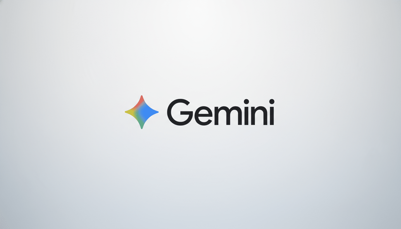 The Gemini logo, featuring a colorful, four-pointed star icon to the left of the word Gemini in black text, presented on a professional light gray background with a subtle gradient.