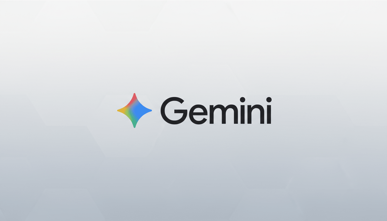 The Gemini logo, featuring a colorful, four-pointed star icon to the left of the word Gemini in black text, presented on a professional light gray background with subtle geometric patterns.