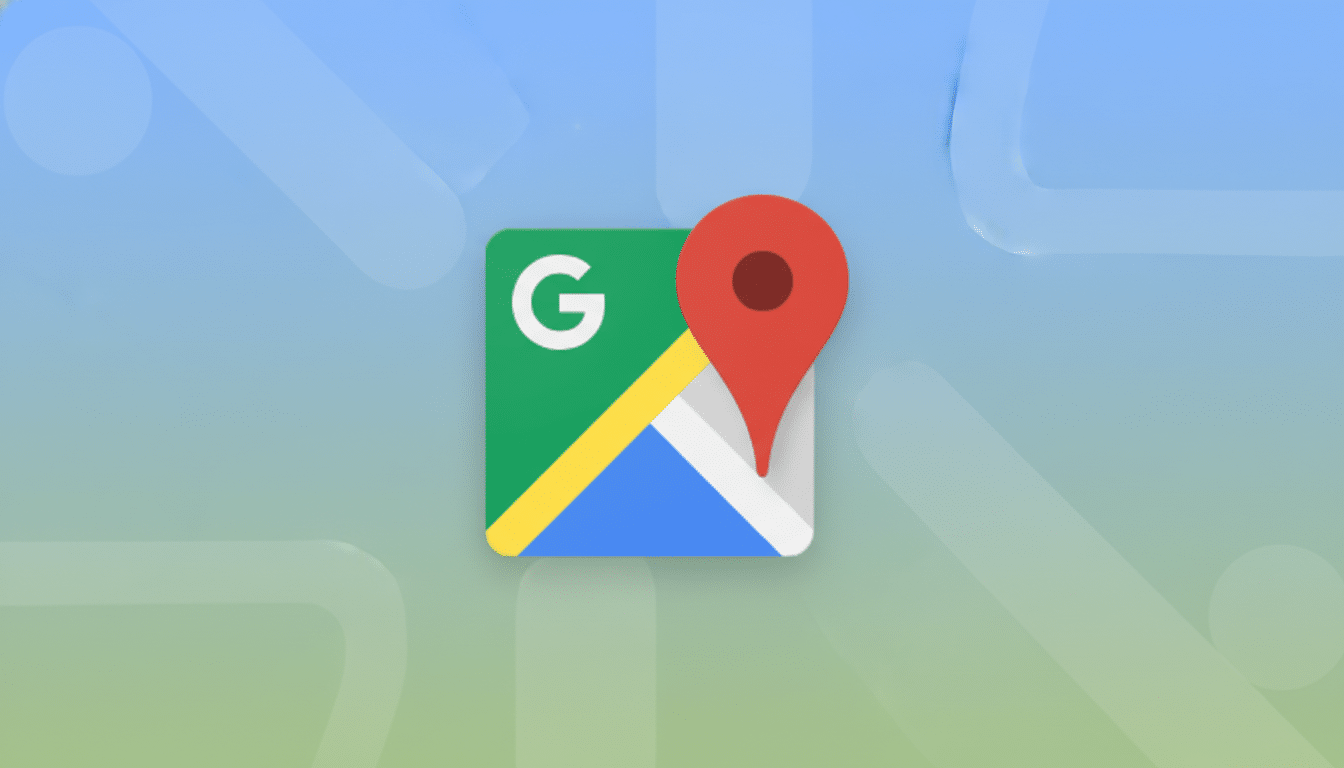 The Google Maps app icon, featuring a stylized map with a red location pin, set against a professional flat design background with soft blue and green gradients and subtle geometric patterns.