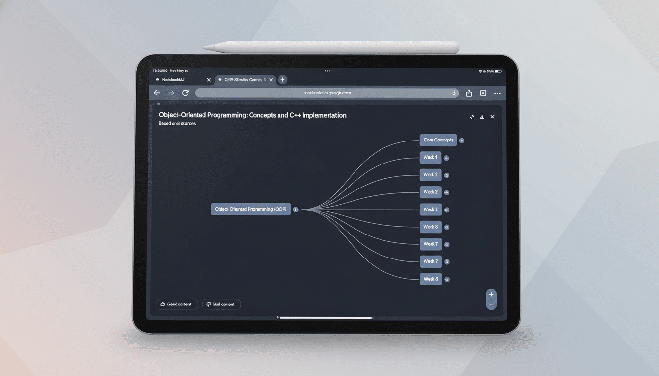 A tablet displaying a mind map about Object-Oriented Programming: Concepts and C++ Implementation, with a stylus resting on top, set against a professional flat design background.