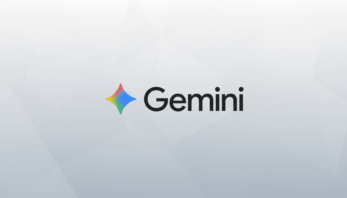 The Gemini logo, featuring a colorful, four-pointed star icon to the left of the word Gemini in black text, set against a professional light gray background with subtle geometric patterns.