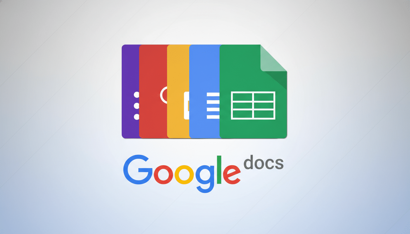 The Google Docs logo, featuring a stack of colorful document icons (purple for Docs, yellow for Slides, blue for Sheets, and green for a generic document) above the Google docs text, presented on a professional flat design background with soft patterns and gradients.