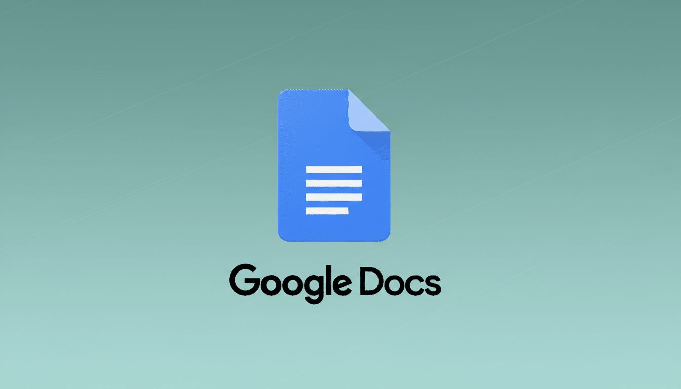 The Google Docs logo, a blue document icon with lines representing text, centered on a professional light green background with subtle patterns, resized to a 16:9 aspect ratio.