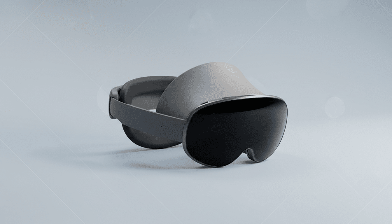 A sleek, gray virtual reality headset with dark lenses, presented on a light gray background with subtle, soft patterns and gradients, resized to a 16:9 aspect ratio.