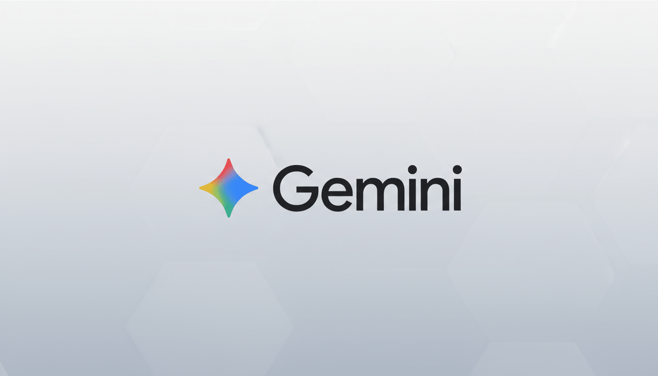 The Gemini logo, featuring a colorful, four-pointed star icon to the left of the word Gemini in black text, set against a professional light gray background with subtle hexagonal patterns.