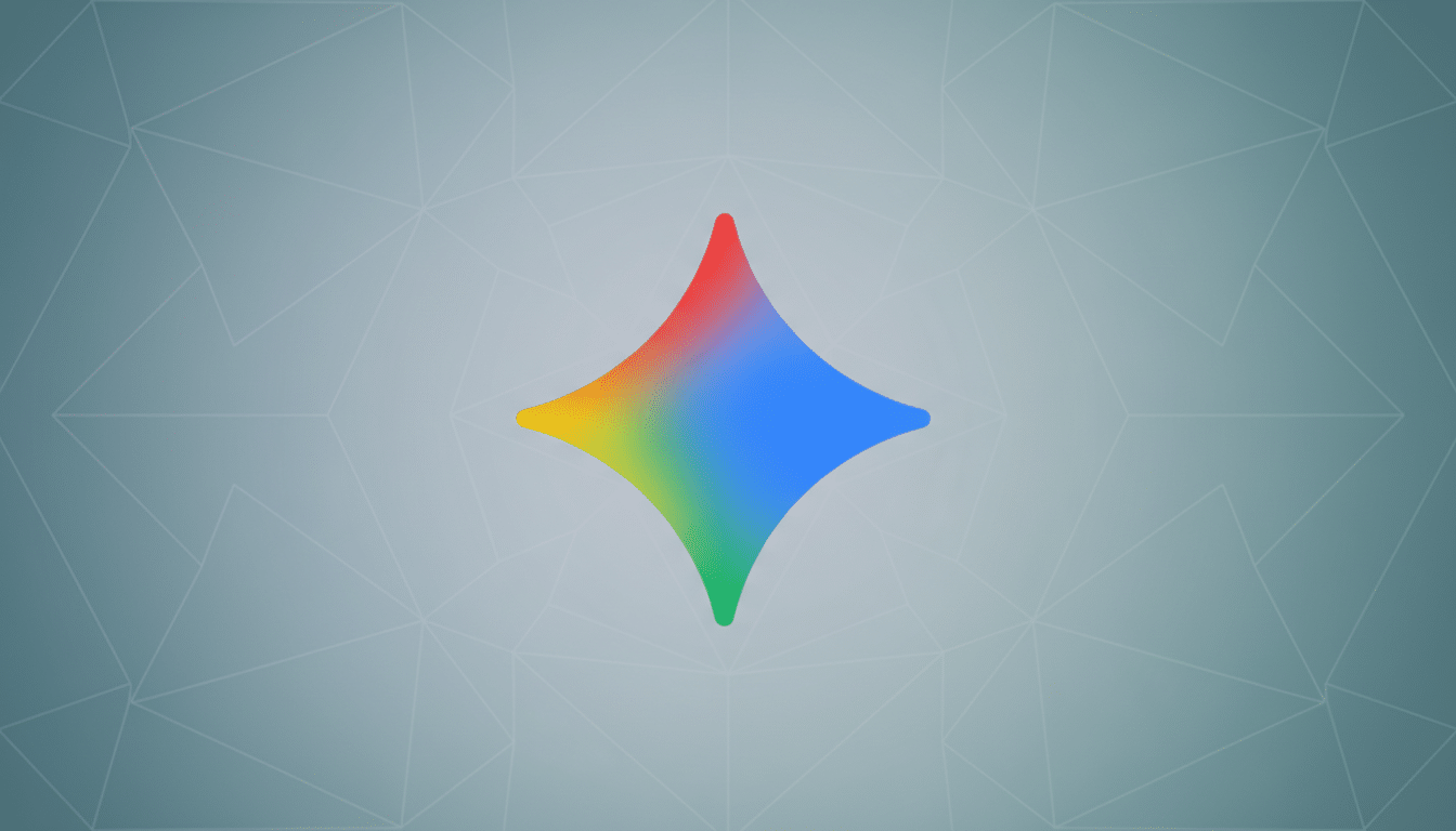 A colorful, four-pointed star icon with a gradient of red, yellow, green, and blue, centered on a professional light gray background with subtle geometric patterns.