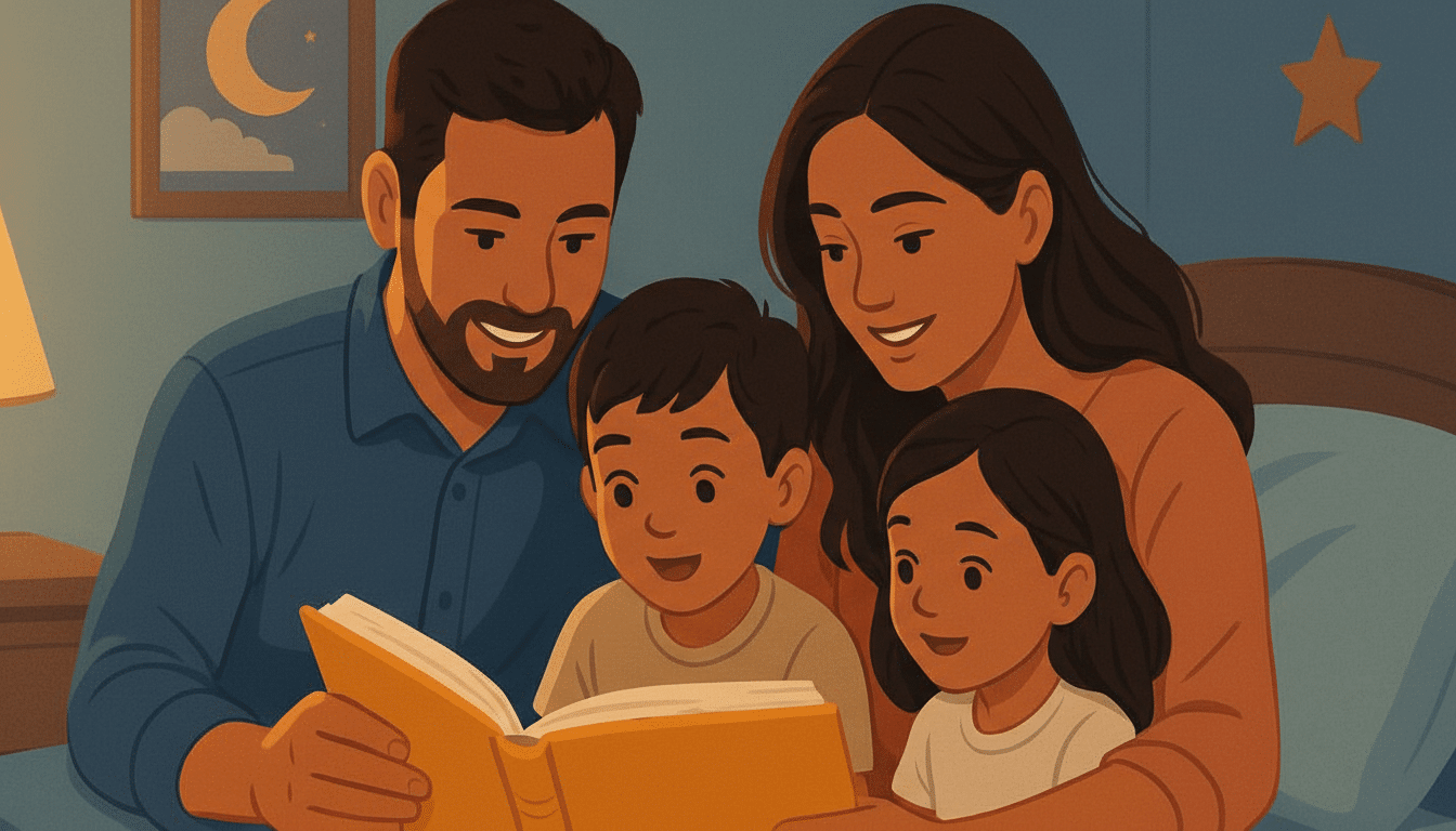 A family of four, including two adults and two children, is depicted in a warm, illustrative style, reading a book together in bed. The image has been resized to a 16:9 aspect ratio while maintaining the original background.