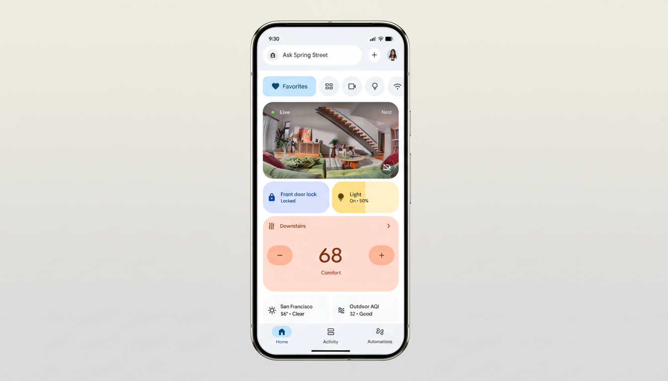 A smartphone displaying a smart home app interface, resized to a 16:9 aspect ratio with a professional flat design background.