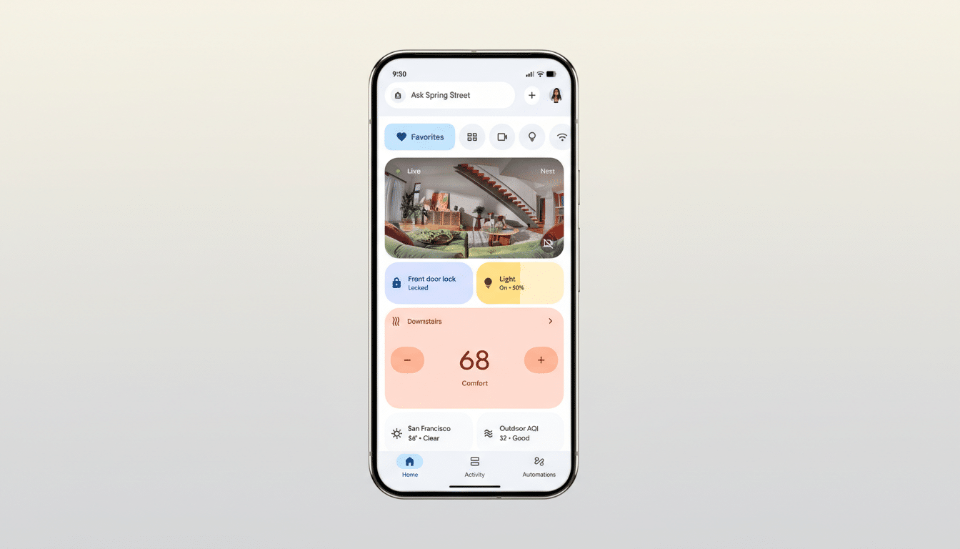 A smartphone displaying a smart home app interface, resized to a 16:9 aspect ratio with a professional flat design background.
