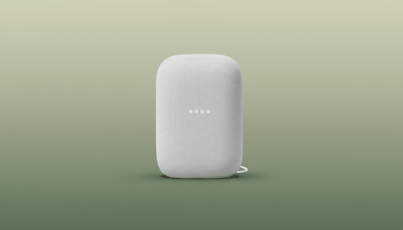 A white Google Nest Audio smart speaker on a professional flat design background with a soft green gradient.