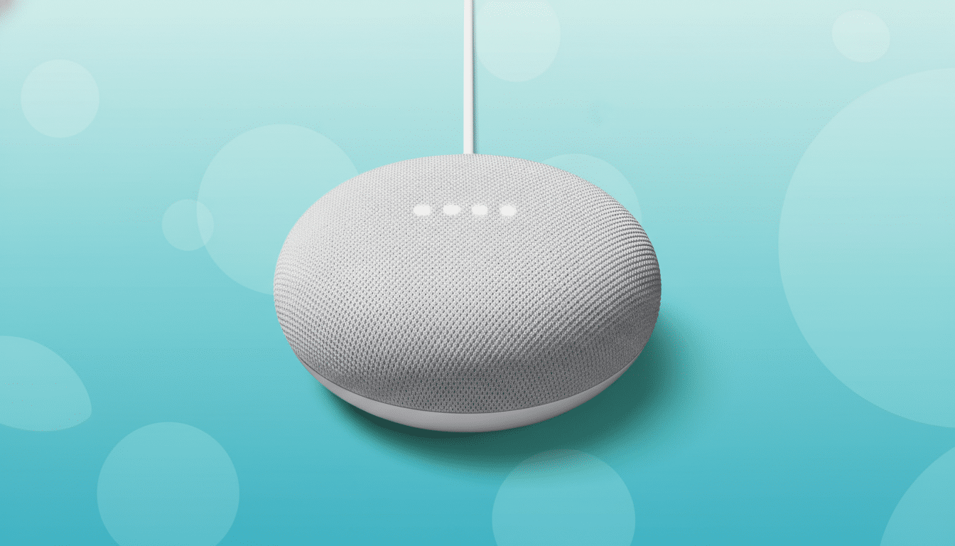 A white Google Home Mini smart speaker with four illuminated dots on top, hanging by its power cord against a professional flat design background with soft blue and green gradients and subtle circular patterns.