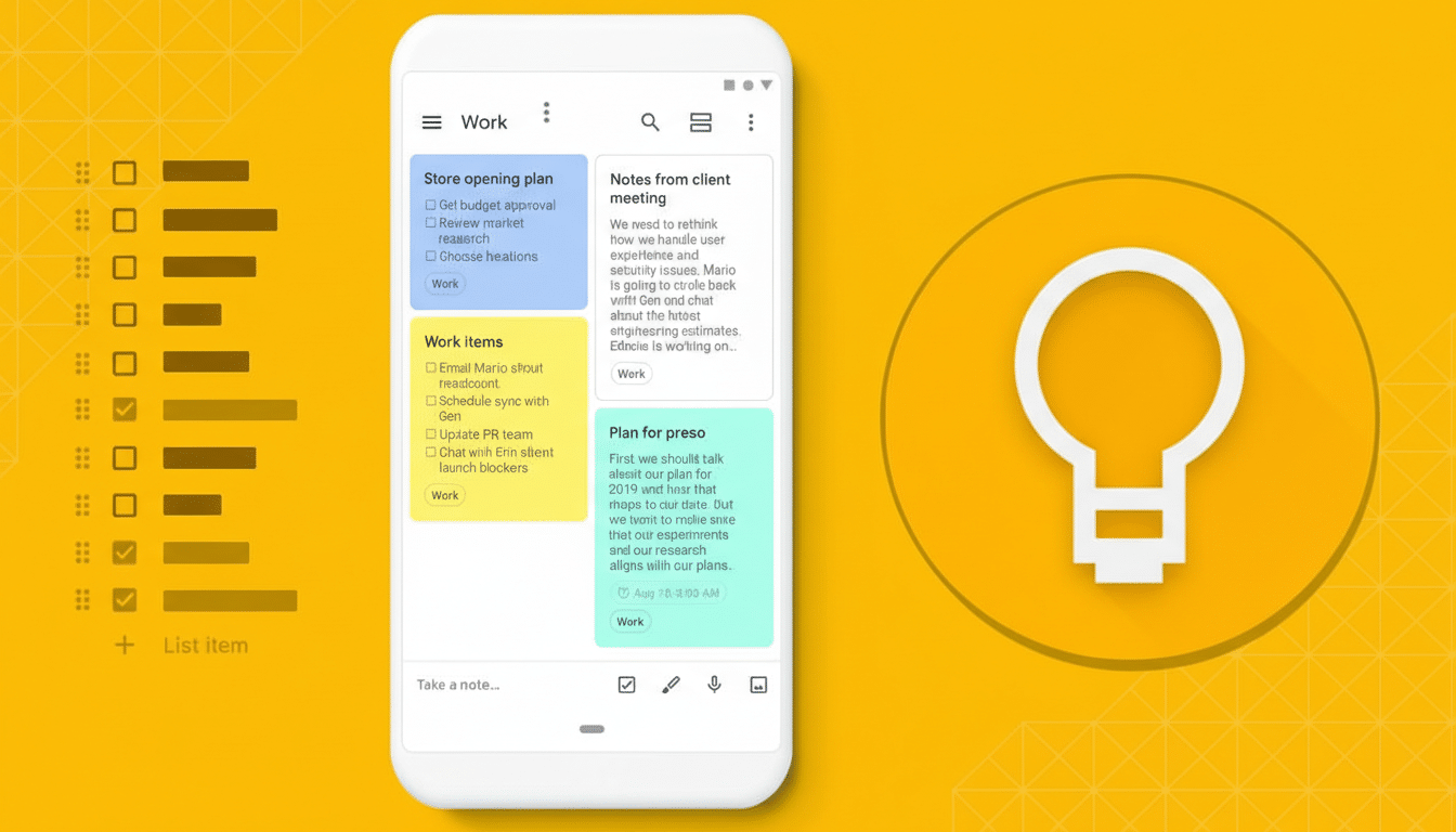 A smartphone displaying a note-taking app with various work-related notes and checklists, set against a yellow background with a large white lightbulb icon on the right.