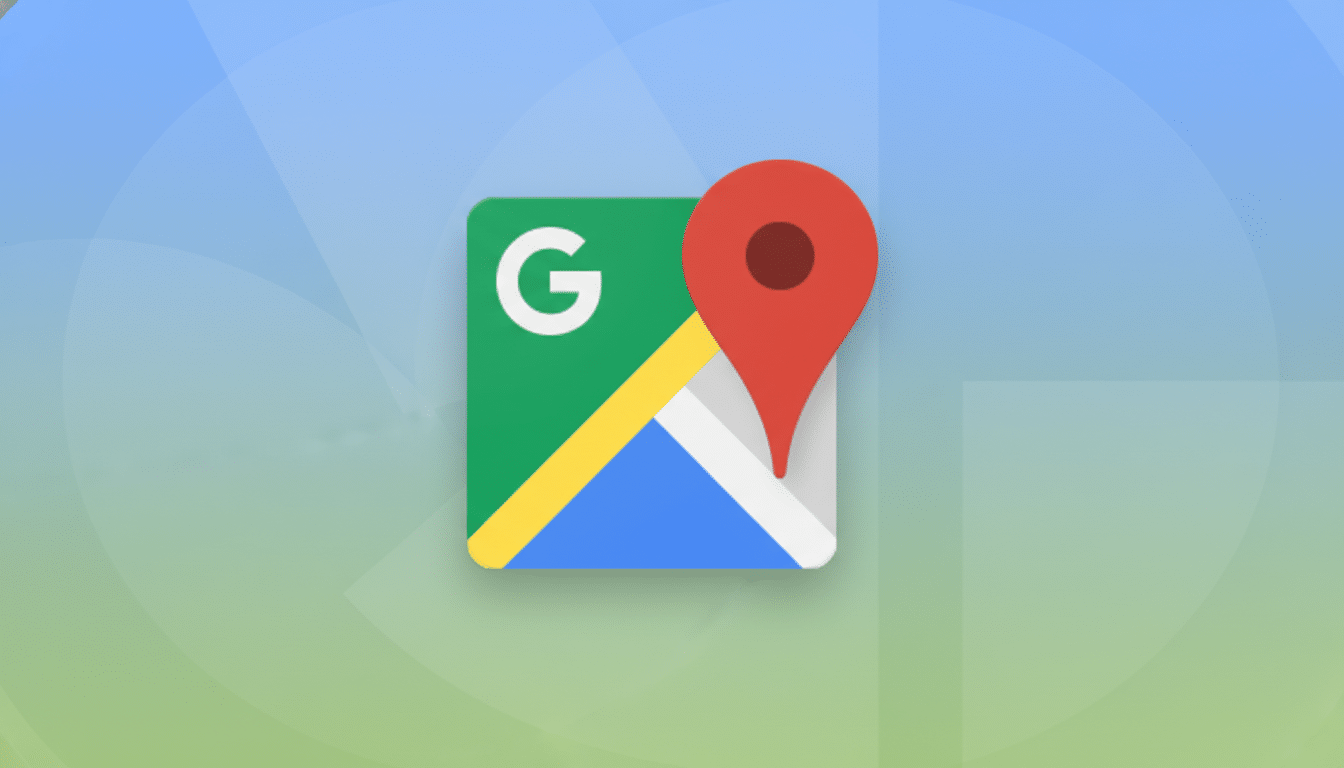 The Google Maps app icon, featuring a green square with a white G and a stylized map, overlaid with a red location pin, set against a professional flat design background with soft blue and green gradients and subtle geometric patterns.