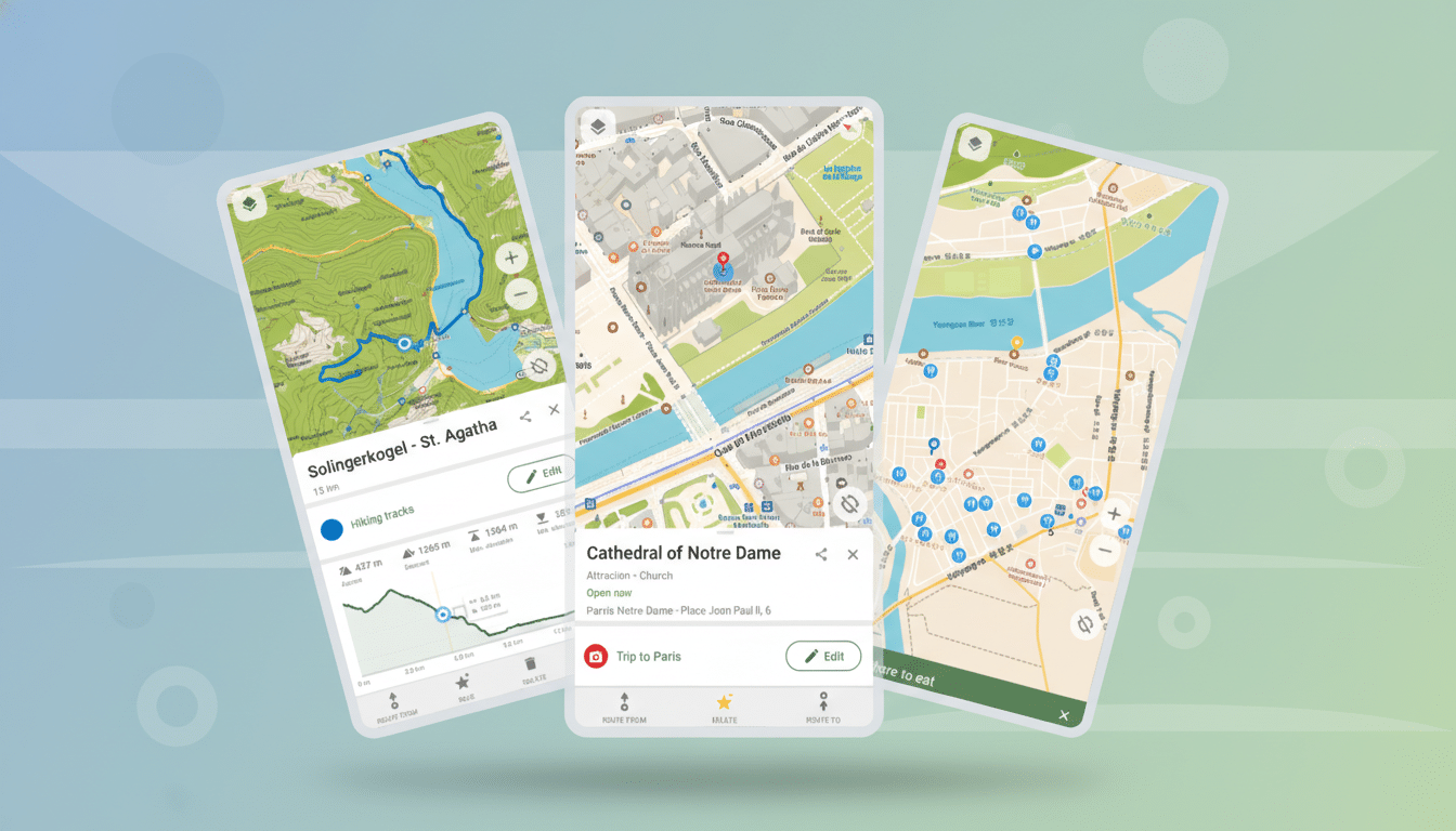 Three smartphone screens displaying map applications, with the central screen showing a map of Paris centered on the Cathedral of Notre Dame, the left screen showing a hiking trail map, and the right screen showing a map of a city in Korea.