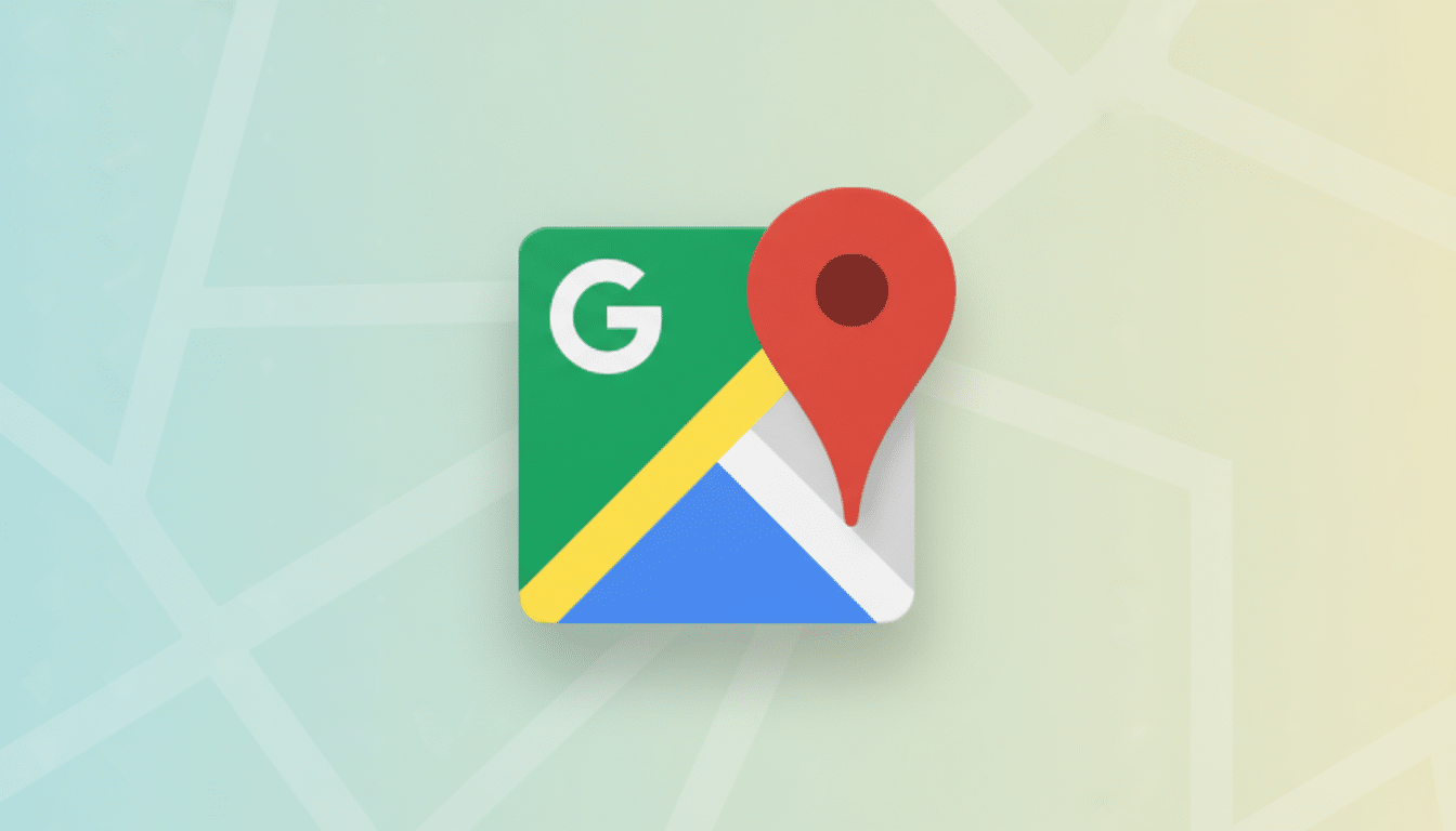 A 16:9 aspect ratio image of the Google Maps icon, featuring a green, yellow, and blue map with a red location pin, set against a professional flat design background with soft patterns and gradients.