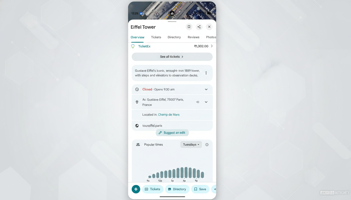 A screenshot of the Google Maps interface showing information about the Eiffel Tower, resized to a 16:9 aspect ratio with a professional flat design background.