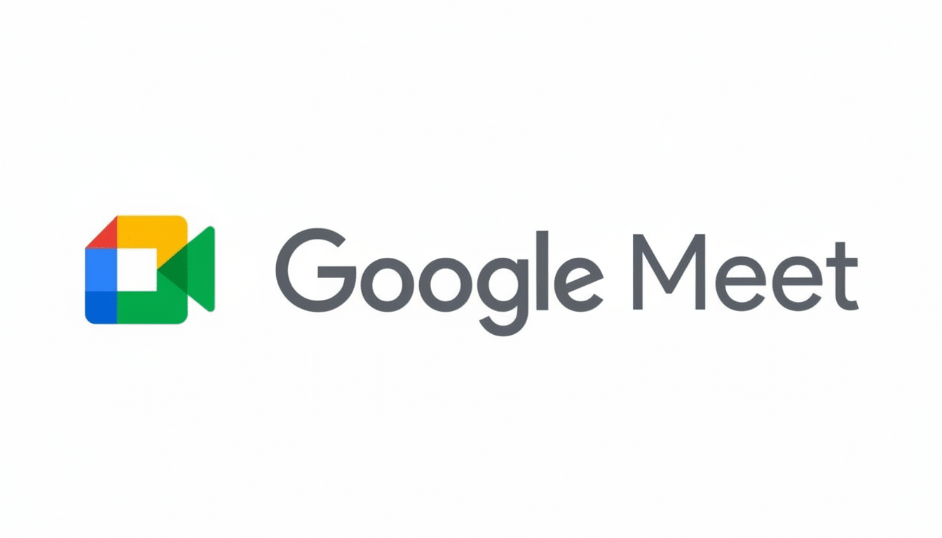 The Google Meet logo, featuring a colorful video camera icon to the left of the text Google Meet in a dark gray sans-serif font, all set against a clean white background.