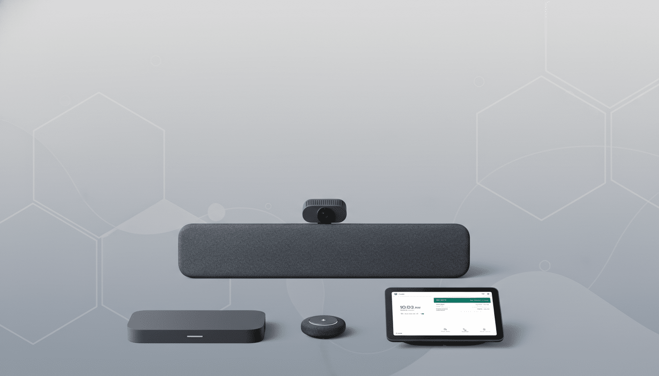 A professional 16:9 image of a video conferencing system, including a soundbar with a camera, a control tablet, a small puck-shaped device, and a rectangular hub, all presented on a clean, light gray background with subtle geometric patterns.