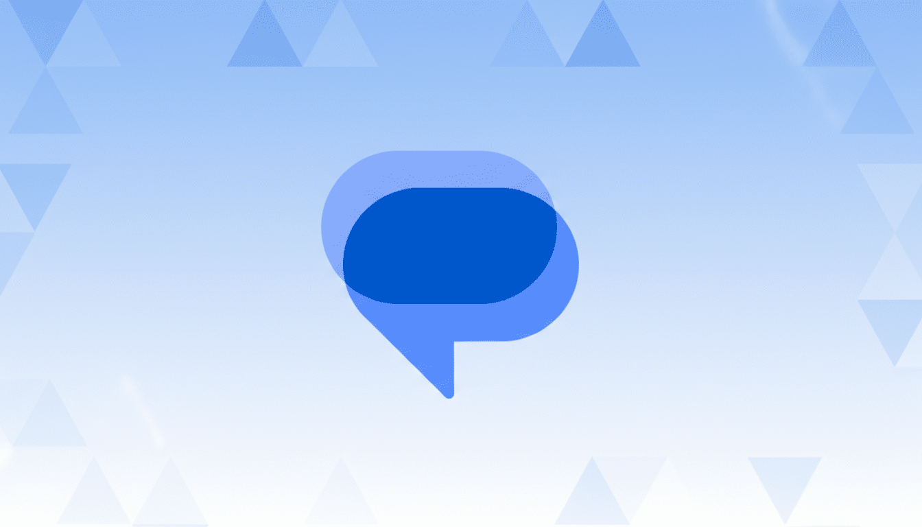 A blue chat bubble icon centered on a light blue gradient background with subtle geometric patterns.