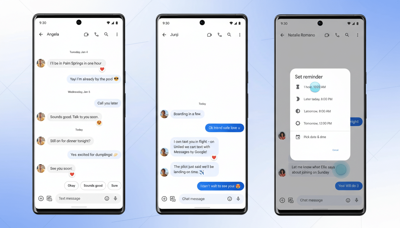 Three Google Pixel phones displaying different chat interfaces. The first phone shows a conversation with Angela, the second with Junji, and the third with Natalie Romano and a Set reminder pop-up. The background is a professional flat design with soft blue and white gradients.