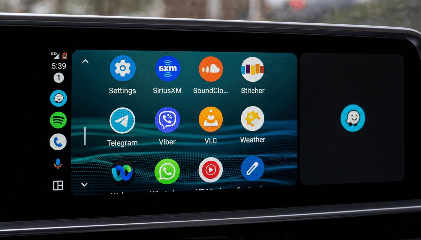 A cars infotainment screen displaying various app icons, including Settings, SiriusXM, SoundCloud, Stitcher, Telegram, Viber, VLC, and Weather, with a dark background and a small smiling ghost icon on the right.