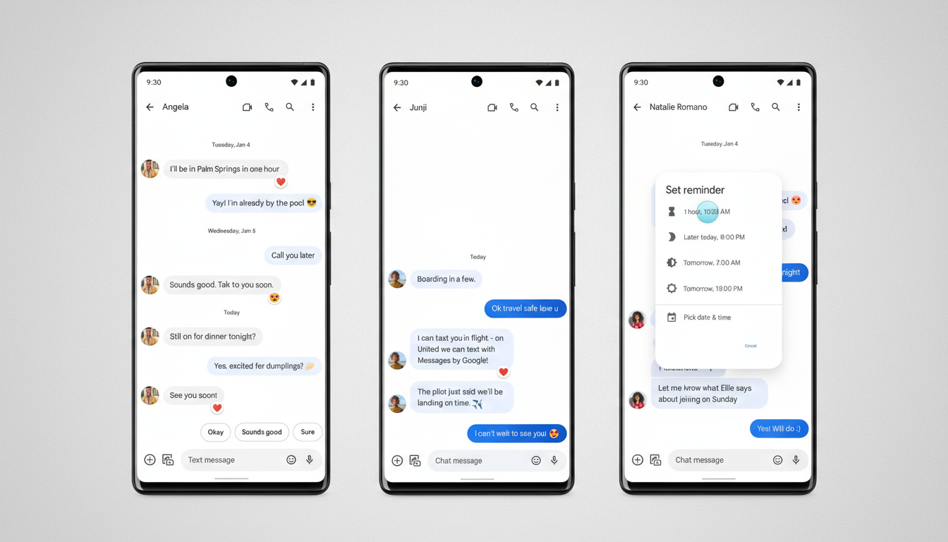 Three smartphone screens displaying Google Messages conversations and a reminder setting interface.