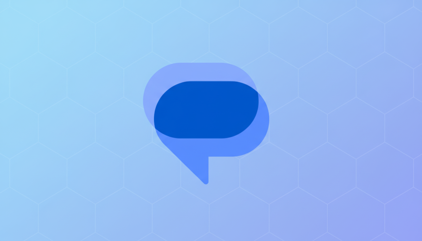 A blue chat bubble icon on a light blue and purple gradient background with a subtle hexagonal pattern.