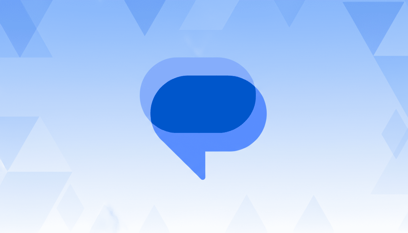 A blue chat bubble icon on a light blue background with subtle geometric patterns.