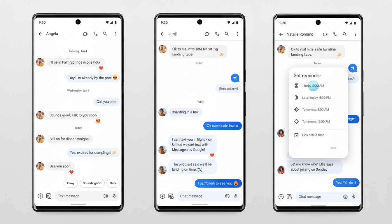 Three Google Pixel phones displaying different messaging app interfaces. The left phone shows a conversation with Angela, the middle phone shows a conversation with Junji, and the right phone shows a Set reminder pop-up over a conversation with Natalie Romano.