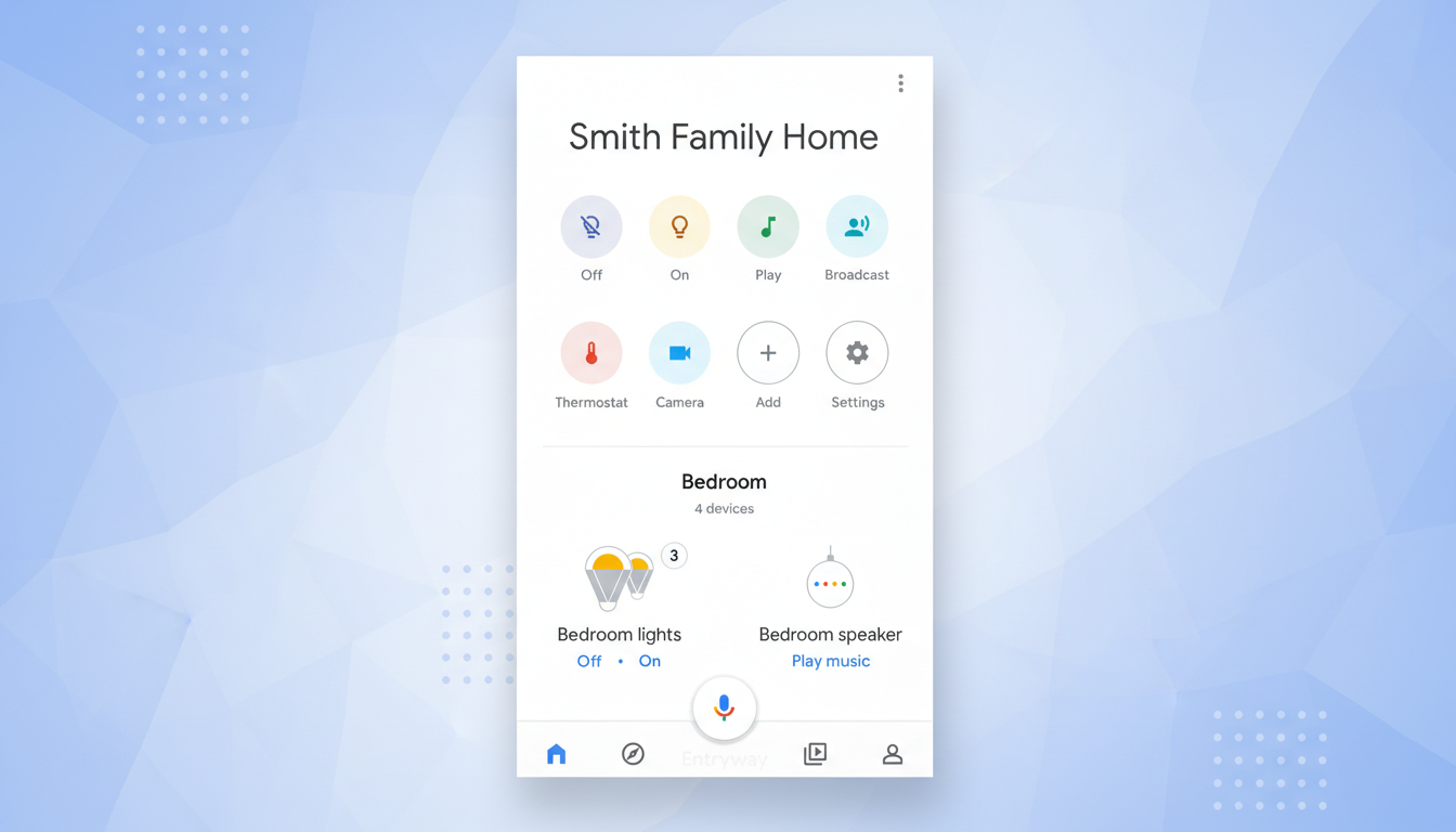 A screenshot of the Google Home app interface, displaying Smith Family Home at the top, followed by various smart home controls like Off, On, Play, Broadcast, Thermostat, Camera, Add, and Settings. Below that, a Bedroom section shows Bedroom lights and Bedroom speaker controls. The app interface is centered on a light blue background with subtle geometric patterns.