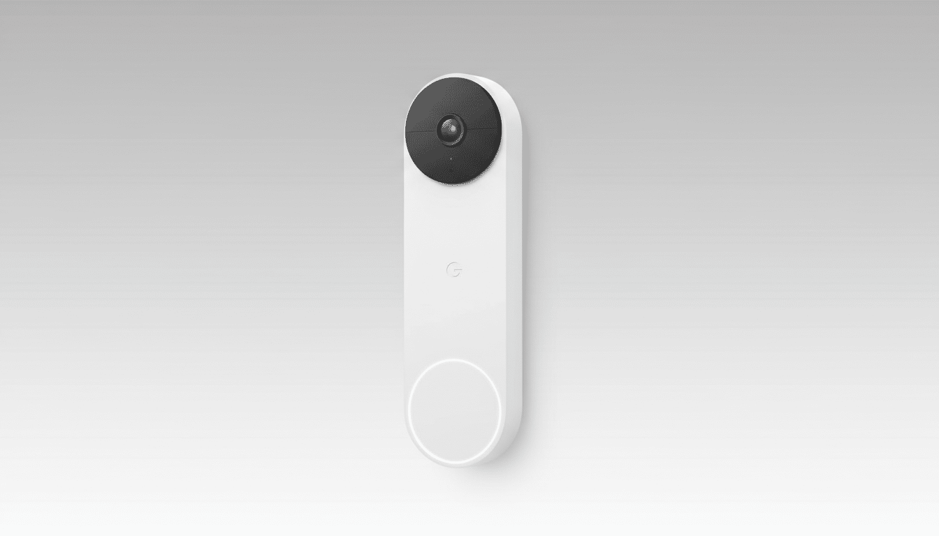 A white Google Nest Doorbell with a black camera lens at the top, presented on a professional flat gray background with a subtle gradient.