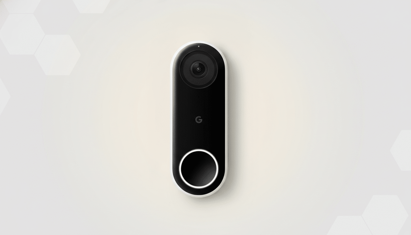 A Google Nest Doorbell (battery) in black and white, centered on a light gray background with subtle hexagonal patterns.